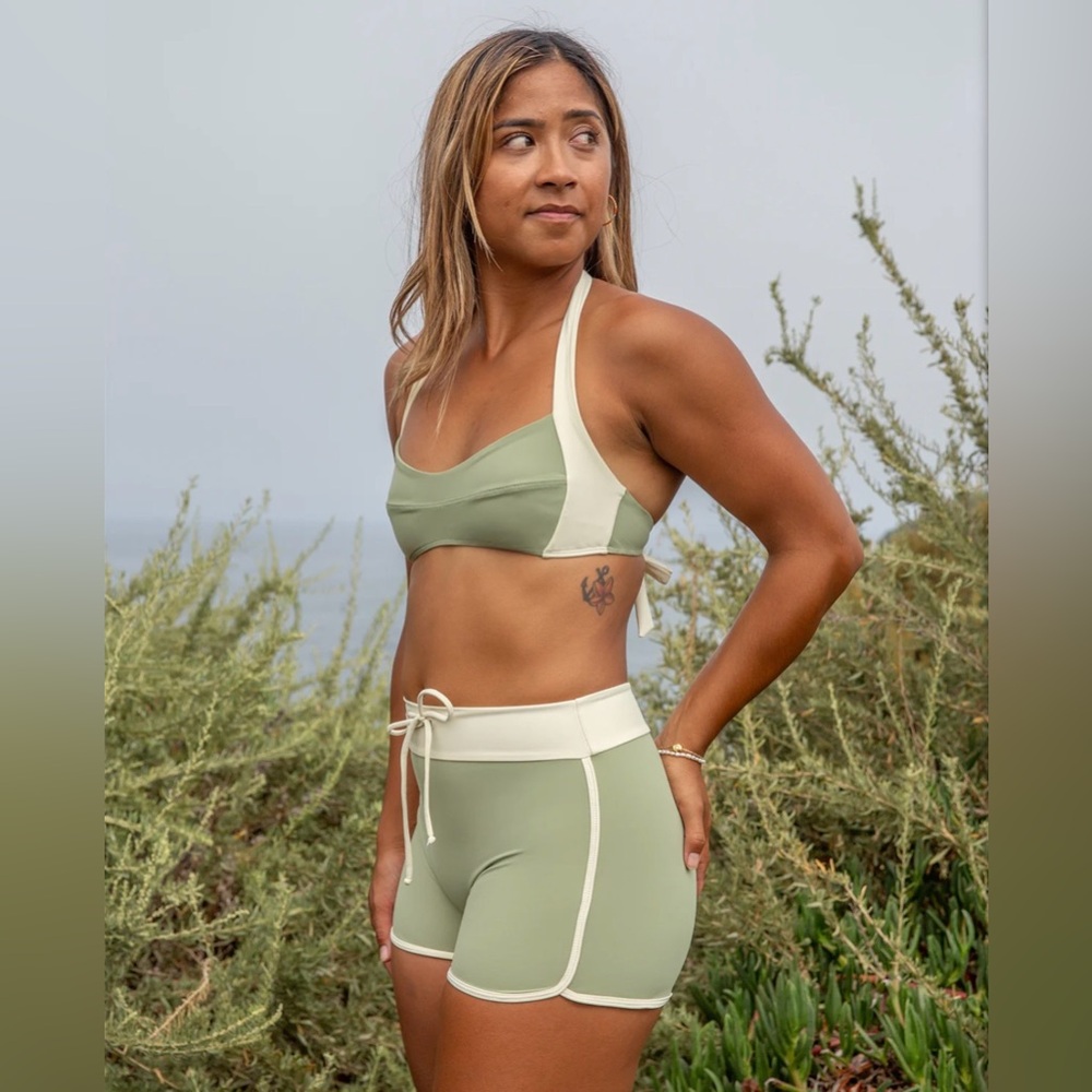 NWT Seea Becca Bikini Top and Nico Surf Short in Cream and Cottage Green